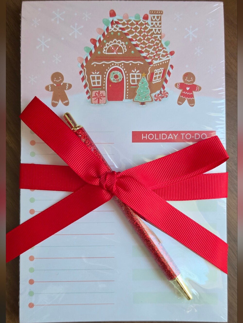 Holiday Gingerbread Magnetic To-Do Notepad with Red Glitter Pen